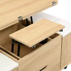 Mesa de centro moderna multifunções com tampo elevável, arrumação oculta, 4 bancos e rodízios, perfeita para espaços de estar modernos
