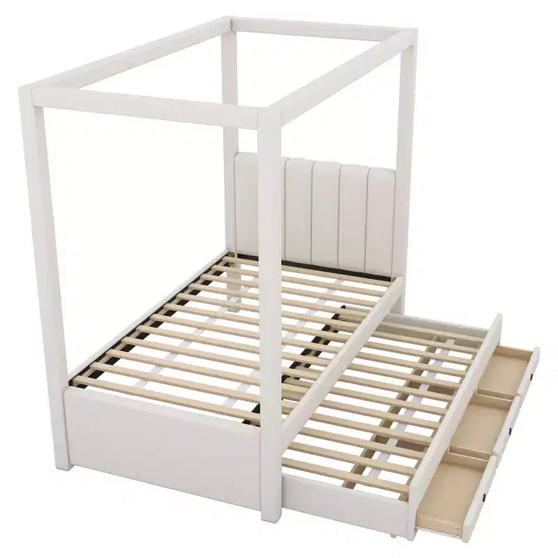 Cama de plataforma com dossel estofada em linho, tamanho de casal, com cama auxiliar e três gavetas de arrumação