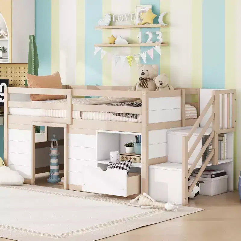 Letto rialzato basso singolo in legno massello da 94,6 L x 42,3 L, con scala, cassetto e ripiano, design moderno e pulito