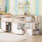 Letto rialzato basso singolo in legno massello da 94,6 L x 42,3 L, con scala, cassetto e ripiano, design moderno e pulito