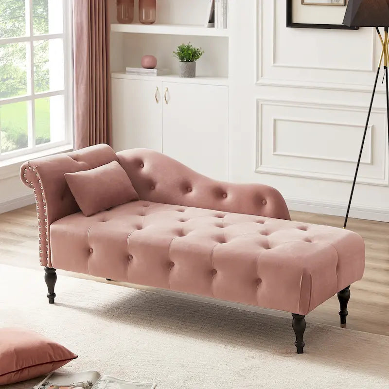 Moderne chaise longue van 60,6 inch met fluwelen bekleding, gecapitonneerde knopen, massief houten poten en sierspijkers