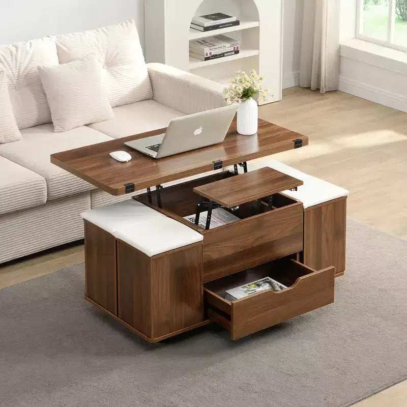 Mesa de centro moderna multifunções com tampo elevável, arrumação oculta, 4 bancos e rodízios, perfeita para espaços de estar modernos