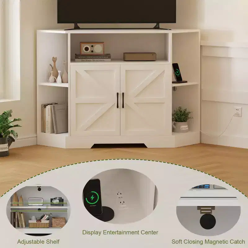 Meuble TV d’angle pour téléviseurs jusqu’à 55 pouces, console multimédia de style ferme avec porte de grange, étagères ouvertes et placard de rangement, blanc