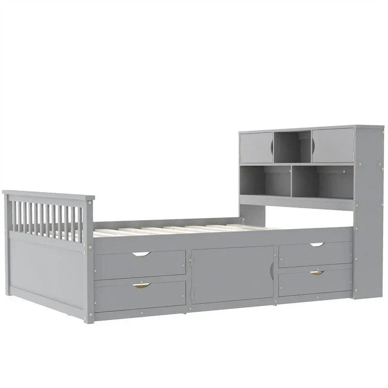 Letto a piattaforma Captain matrimoniale o singolo con 4 cassetti e ripiani contenitori, struttura in legno massello con testiera libreria contenitore