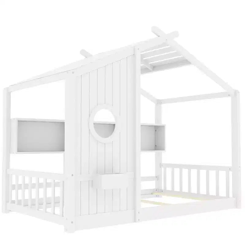 Dětská postel domeček typu Twin/Full, Montessori podlahová postel s úložnou policí – ModernLuxe