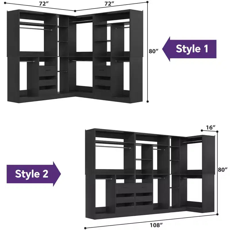 Ensemble Besiost de 3 éléments pour dressing d’angle avec étagères en colonne et tiroirs, organisateur de dressing autoportant avec tringles