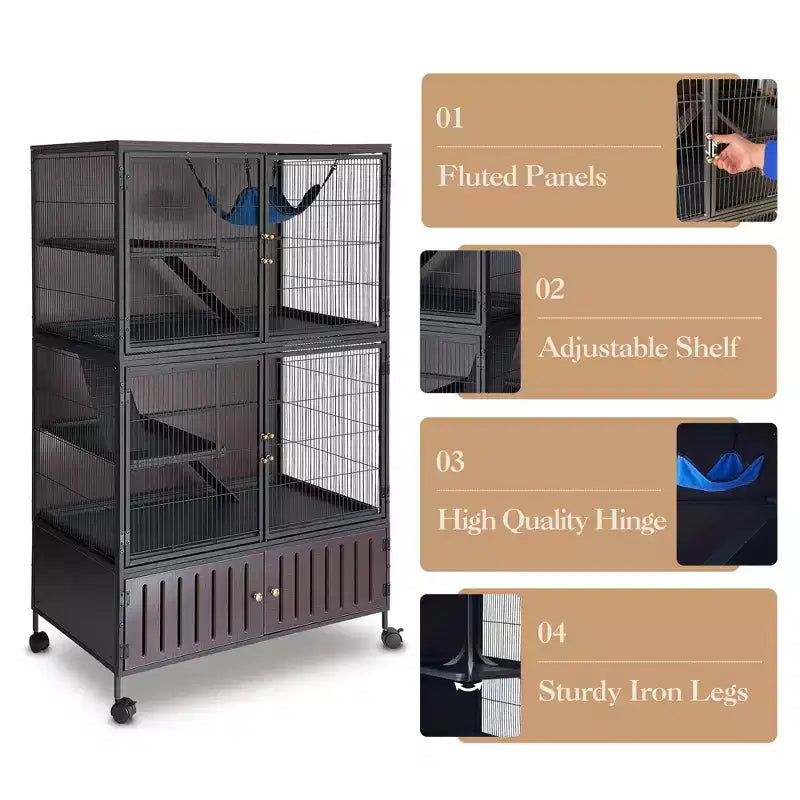 Cage pour petits animaux, cage pour furet : habitat à 5 niveaux de 59 po avec meuble de rangement, comprend un hamac, des roulettes, des rampes amovibles et des bacs faciles à nettoyer