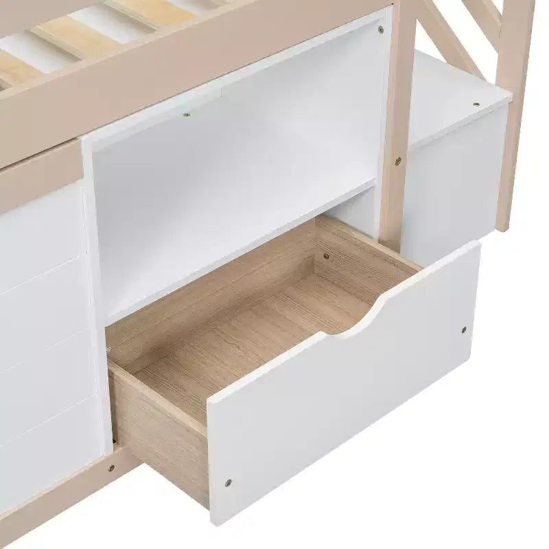 Letto rialzato basso singolo in legno massello da 94,6 L x 42,3 L, con scala, cassetto e ripiano, design moderno e pulito