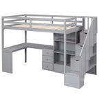 Hochbett in Twin-Größe mit L-förmigem Schreibtisch, 3 Schubladen, Schrank und Stauraum in der Treppe, Konstruktion aus massivem Kiefernholz/MDF