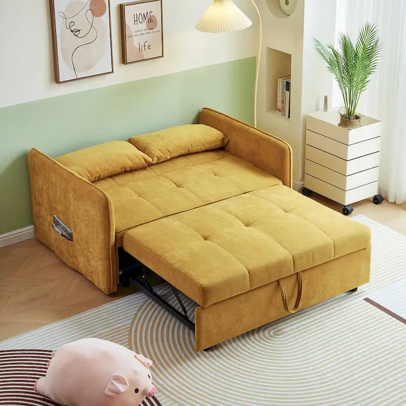 Rozkładana sofa z funkcją spania, tapicerowana żółtą tkaniną szenilową – 39.00 x 53.50 x 31.50