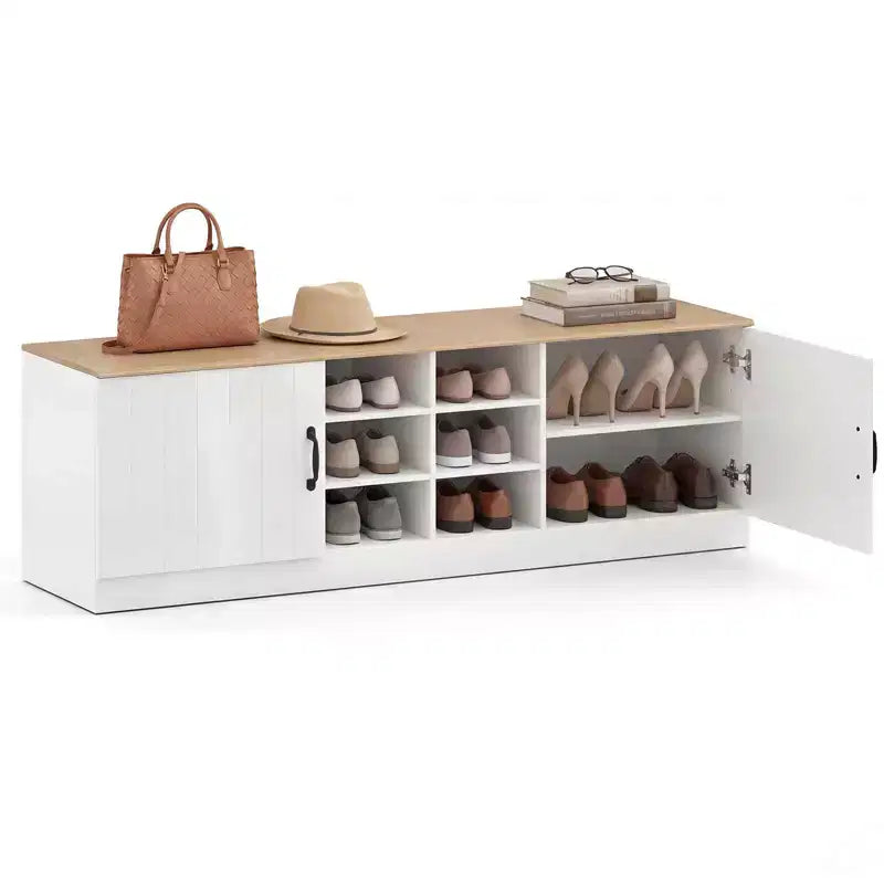Banc à chaussures à 2 portes avec étagères réglables et espace de rangement dissimulé, naturel + blanc/Whi5te