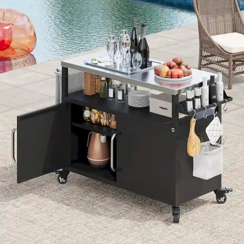 Isola da cucina per esterni con piano in acciaio inox, tavolo carrello per barbecue in metallo con mobiletto contenitore - N/A