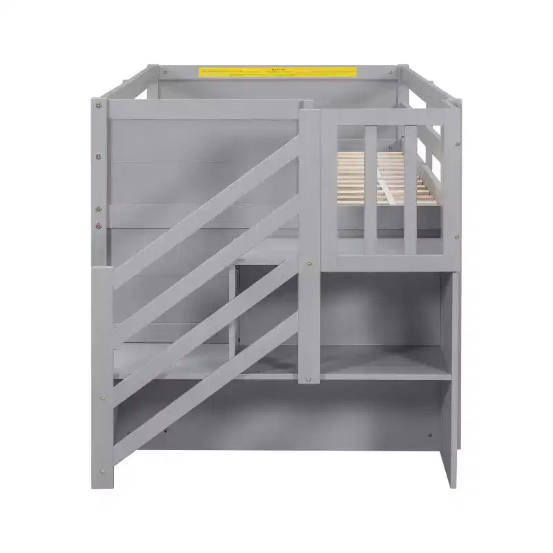 Letto rialzato basso singolo in legno massello da 94,6 L x 42,3 L, con scala, cassetto e ripiano, design moderno e pulito