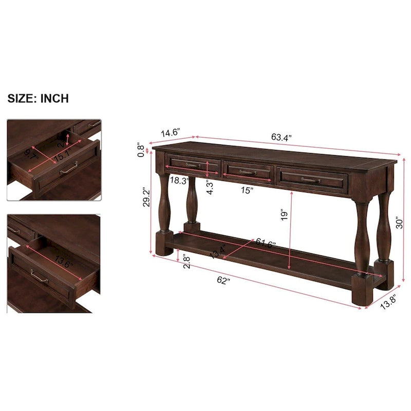 Consolle lunga in legno con 3 cassetti e 1 ripiano inferiore