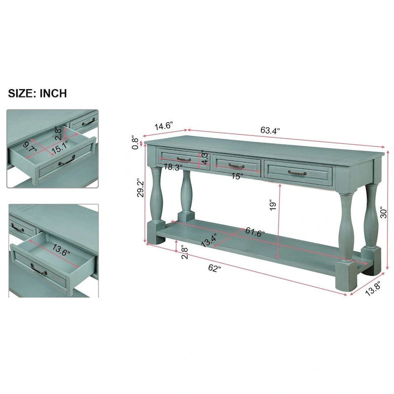 Consolle lunga in legno con 3 cassetti e 1 ripiano inferiore