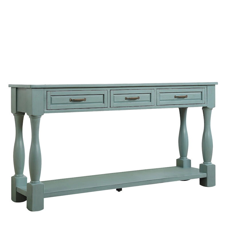 Consolle lunga in legno con 3 cassetti e 1 ripiano inferiore