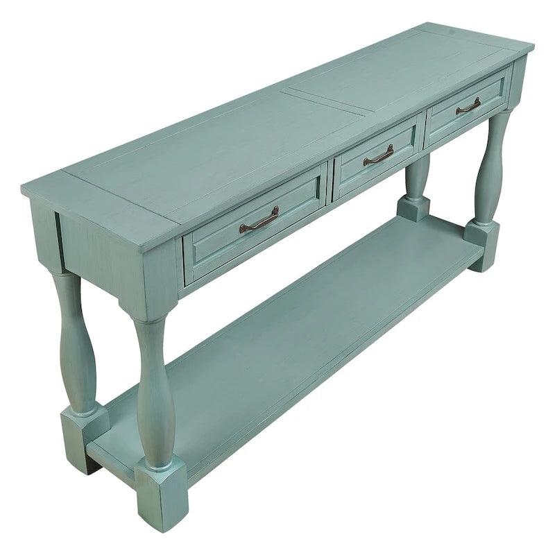 Consolle lunga in legno con 3 cassetti e 1 ripiano inferiore