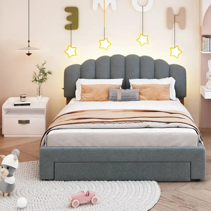 Letto a piattaforma imbottito in pile Teddy Queen Size con cassetto
