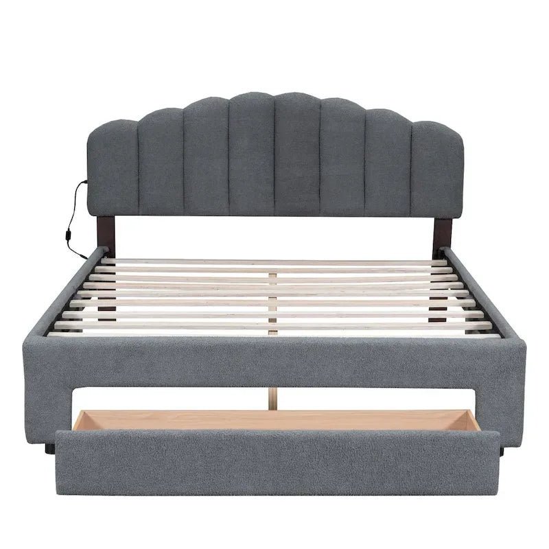 Letto a piattaforma imbottito in pile Teddy Queen Size con cassetto
