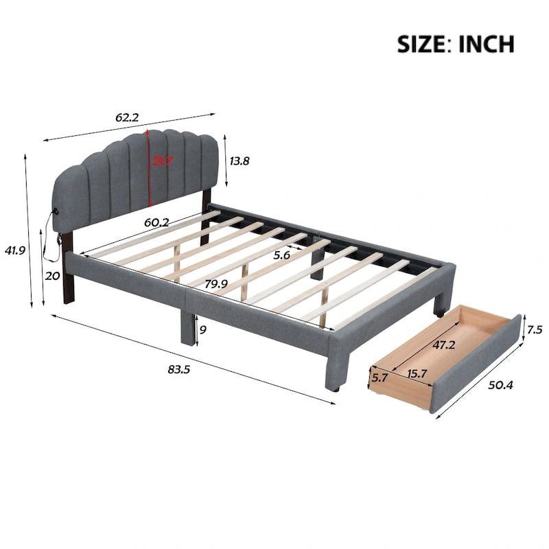 Letto a piattaforma imbottito in pile Teddy Queen Size con cassetto