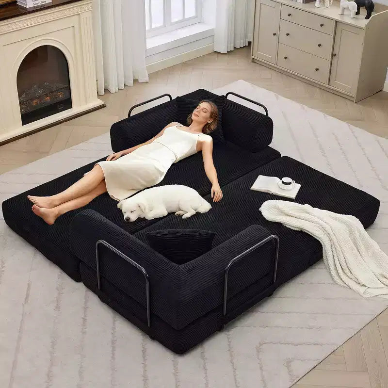 4-in-1-Schlafsofa, 79 Zoll rahmenlose Faltbodenmatratze aus Cord mit Kissen, ohne Montage, Loveseat für kleine Wohnungen