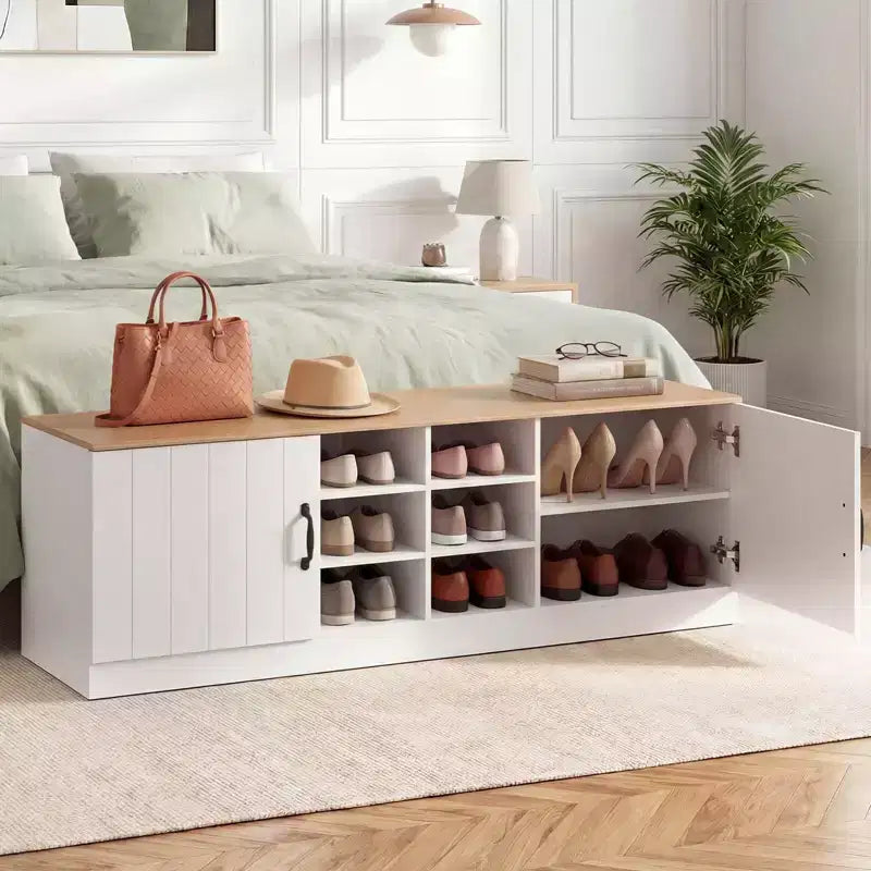 Banc à chaussures à 2 portes avec étagères réglables et espace de rangement dissimulé, naturel + blanc/Whi5te