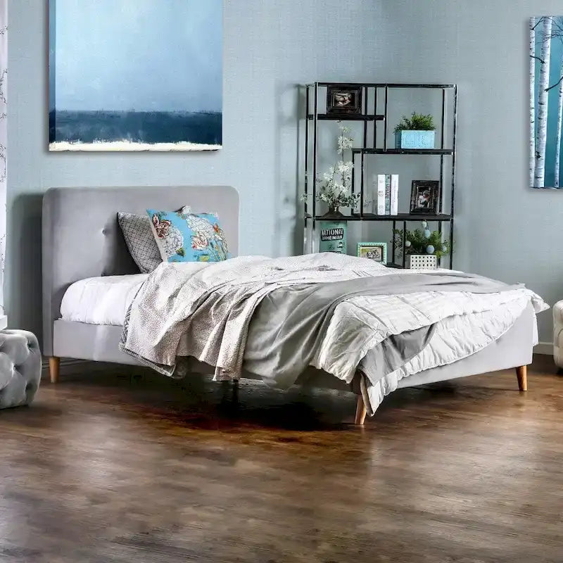 Letto matrimoniale in tessuto moderno di metà secolo con piattaforma
