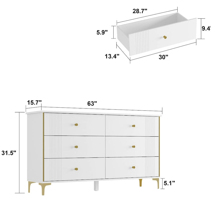 Comò a 6 cassetti moderno bianco, comò in legno con cassetti, cassettiera contenitore in legno