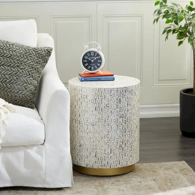 Tavolino d'appoggio con intarsi in madreperla, base dorata e motivi geometrici - Bianco, Grigio o Nero