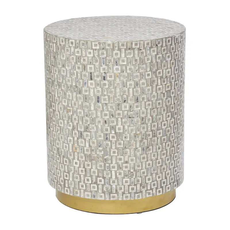 Tavolino d'appoggio con intarsi in madreperla, base dorata e motivi geometrici - Bianco, Grigio o Nero