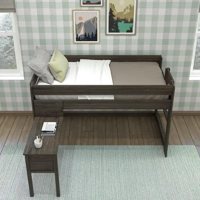Letto a soppalco basso per ragazzi con scrivania a incastro (stile rustico)