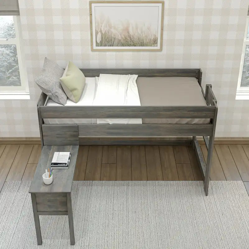 Letto a soppalco basso per ragazzi con scrivania a incastro (stile rustico)