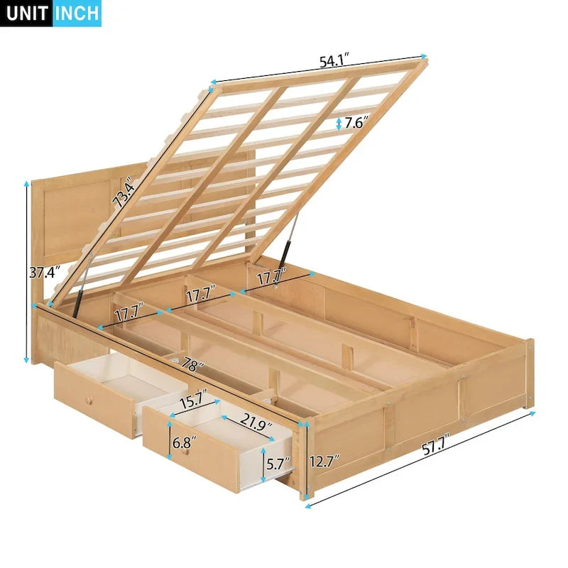 Letto a piattaforma in legno con contenitore sottostante e 2 cassetti