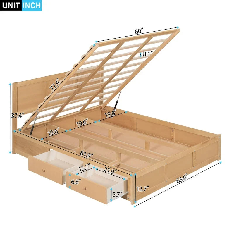 Letto a piattaforma in legno con contenitore sottostante e 2 cassetti
