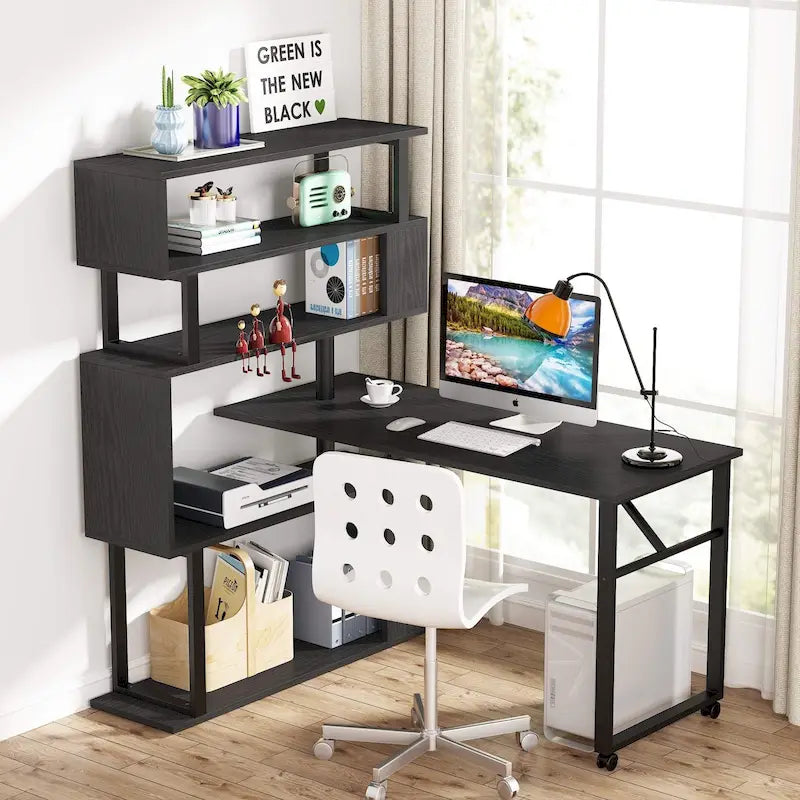Scrivania a L Girevole con Libreria Portaoggetti per Home Office
