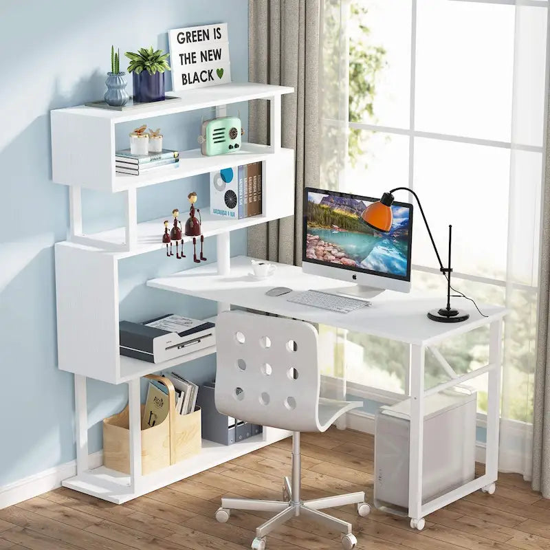 Scrivania a L Girevole con Libreria Portaoggetti per Home Office