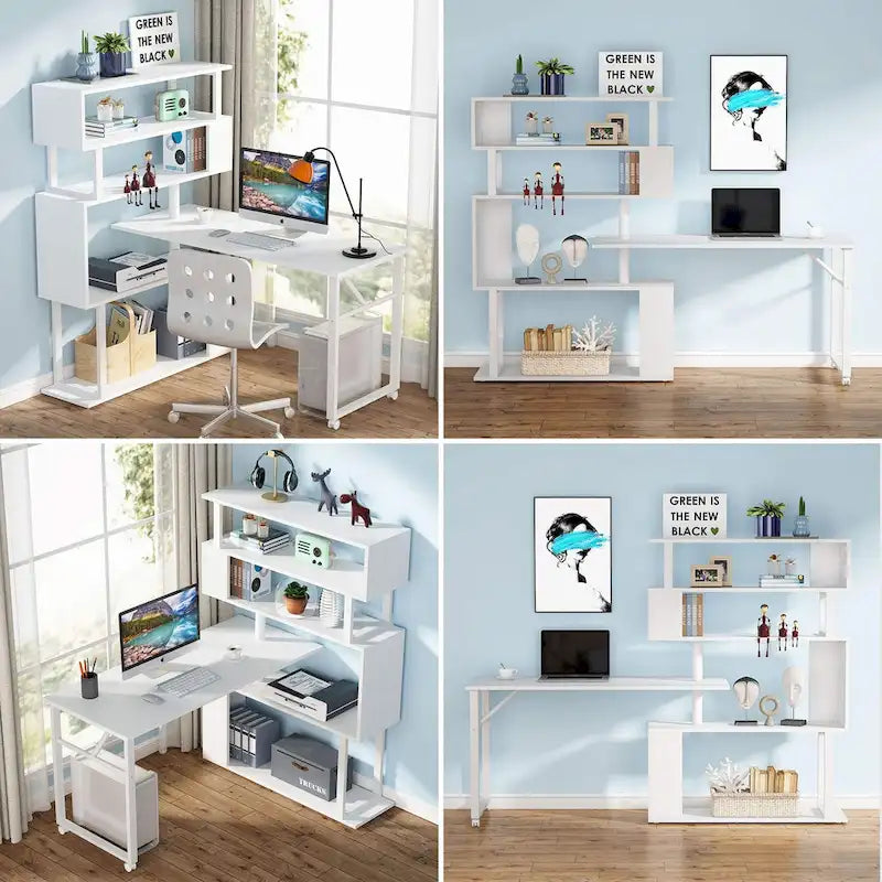 Scrivania a L Girevole con Libreria Portaoggetti per Home Office