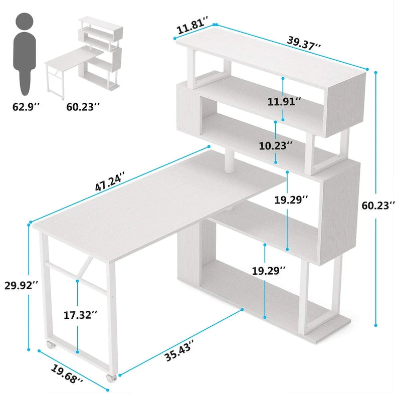 Scrivania a L Girevole con Libreria Portaoggetti per Home Office
