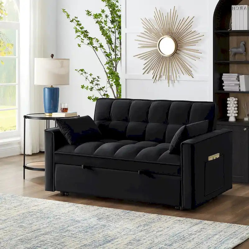 Sofá-cama de 2 lugares 4 em 1 com braços e bolsos de arrumação, sofá-cama extraível multifunções com encosto ajustável