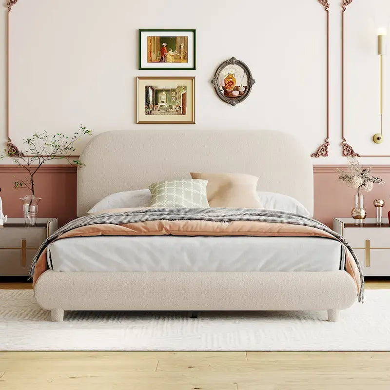 Letto imbottito a piattaforma, misura matrimoniale, in pile Teddy, con tessuto spesso, struttura solida e design elegante a forma curva, beige