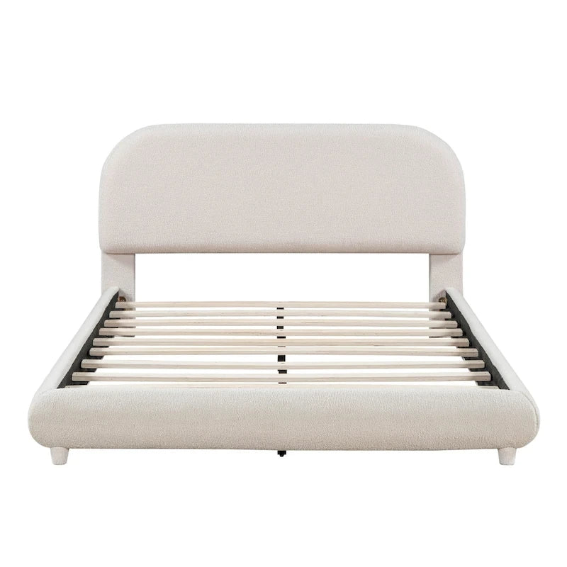 Letto imbottito a piattaforma, misura matrimoniale, in pile Teddy, con tessuto spesso, struttura solida e design elegante a forma curva, beige