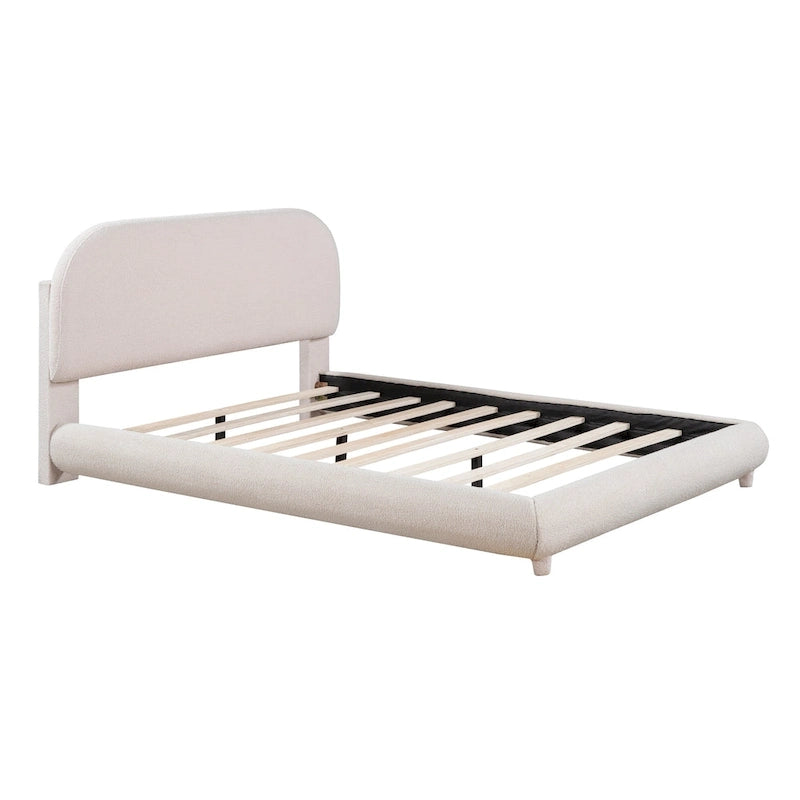 Letto imbottito a piattaforma, misura matrimoniale, in pile Teddy, con tessuto spesso, struttura solida e design elegante a forma curva, beige