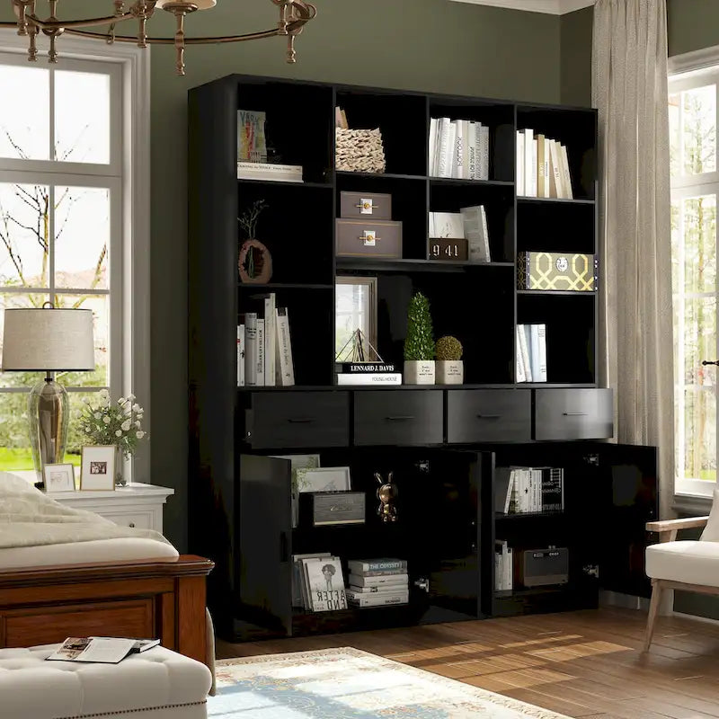 Libreria con 4 ante, 4 cassetti e ripiani, Nera - H 200 cm