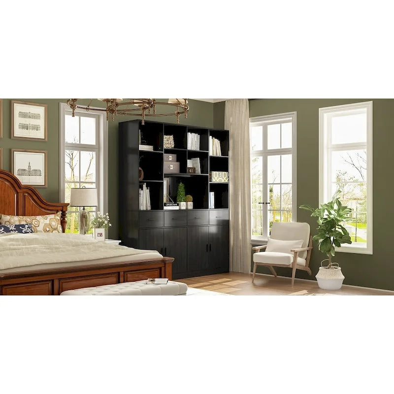 Libreria con 4 ante, 4 cassetti e ripiani, Nera - H 200 cm
