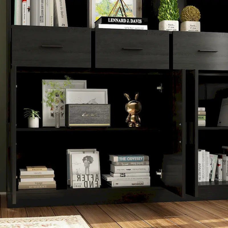 Libreria con 4 ante, 4 cassetti e ripiani, Nera - H 200 cm