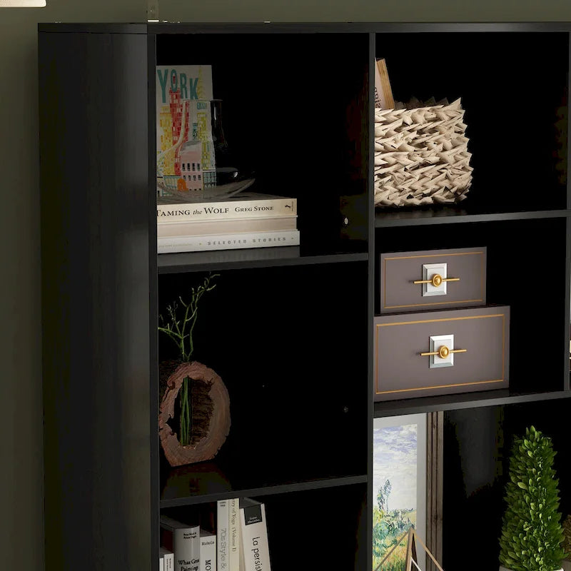 Libreria con 4 ante, 4 cassetti e ripiani, Nera - H 200 cm