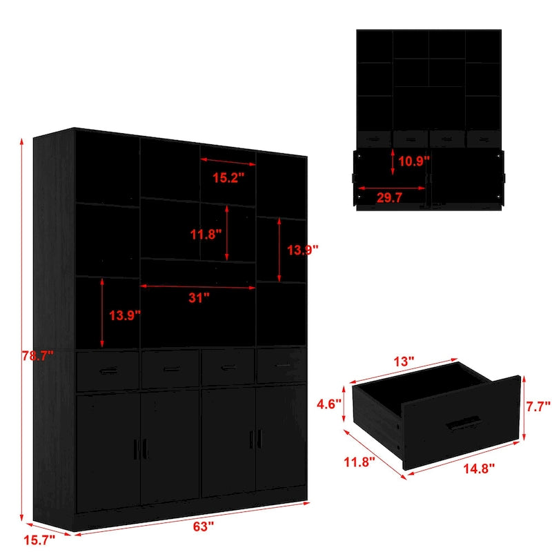 Libreria con 4 ante, 4 cassetti e ripiani, Nera - H 200 cm