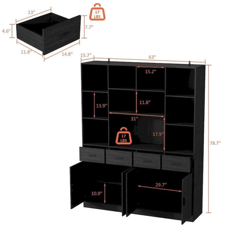 Libreria con 4 ante, 4 cassetti e ripiani, Nera - H 200 cm
