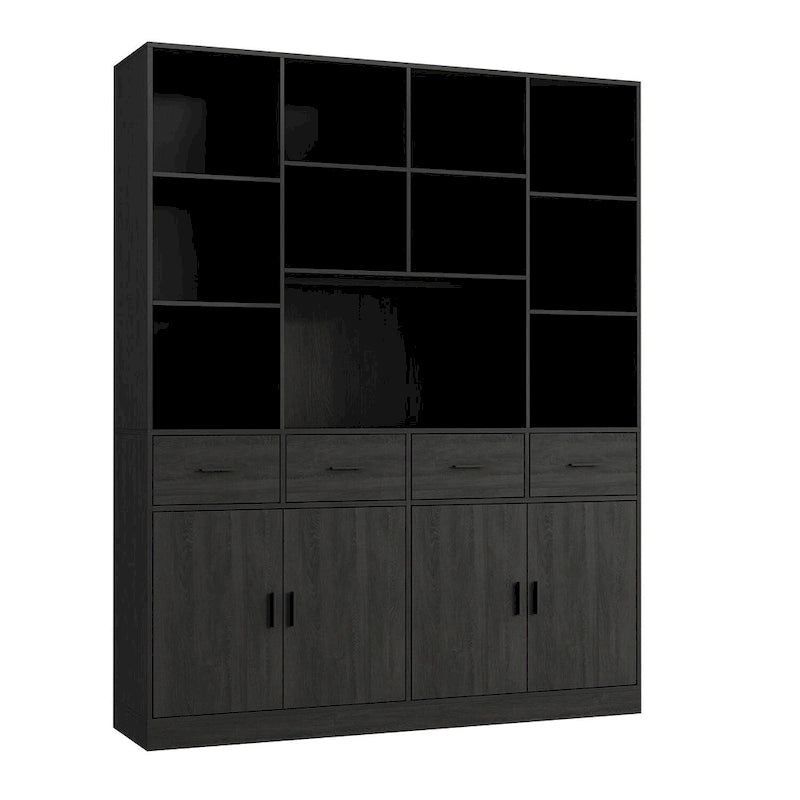 Libreria con 4 ante, 4 cassetti e ripiani, Nera - H 200 cm