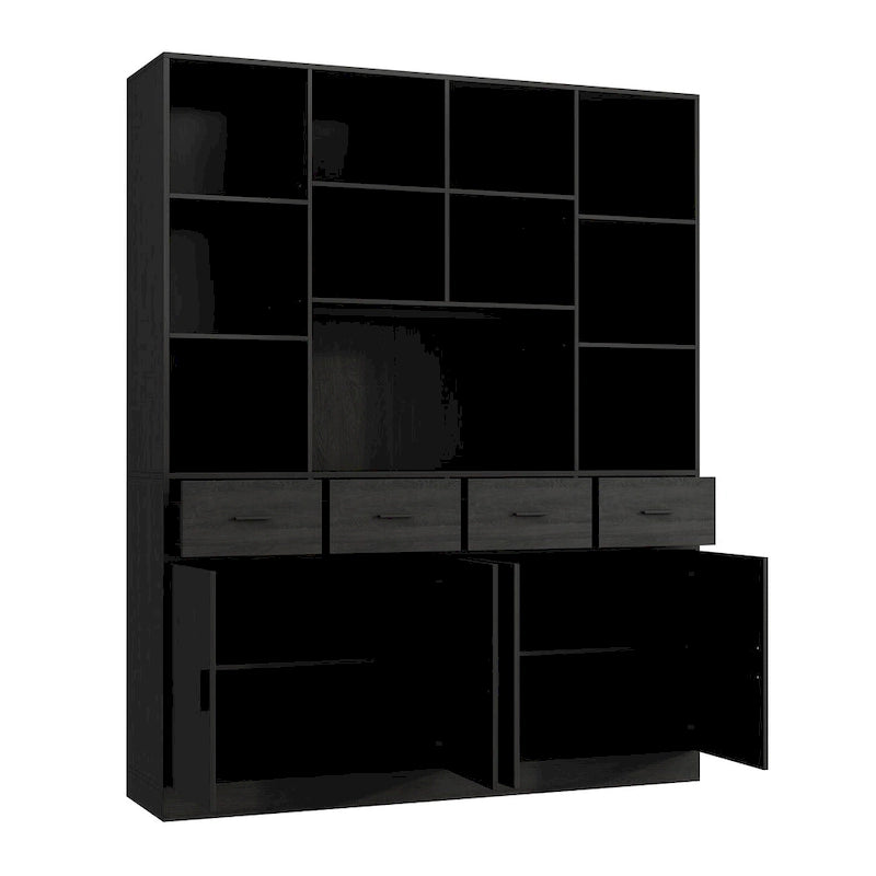 Libreria con 4 ante, 4 cassetti e ripiani, Nera - H 200 cm